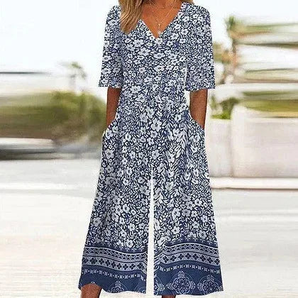 Nerina – Vintage Jumpsuit Im Boho Stil Mit Blumen Drucken