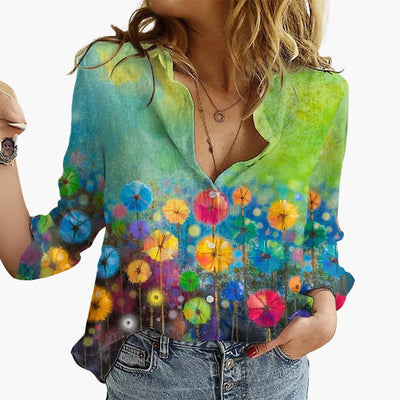 Kunstvoll bedruckte V-Ausschnitt Bluse - Damen Freizeitlook