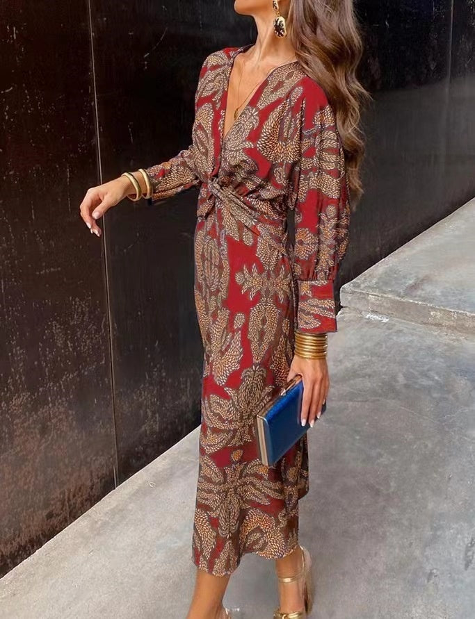 Damen Maxi-Kleid mit geometrischem Muster – Elegantes Business- und Freizeitkleid im Boho-Stil