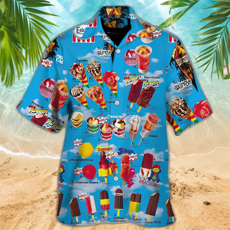 Herren Hawaiihemd mit Eiscreme-Motiv – Buntes Retro Sommer Freizeit Party Shirt