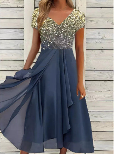 Damen Chiffon A-Linienkleid mit Blumenmuster und V-Ausschnitt – Elegantes Sommerkleid für besondere Anlässe