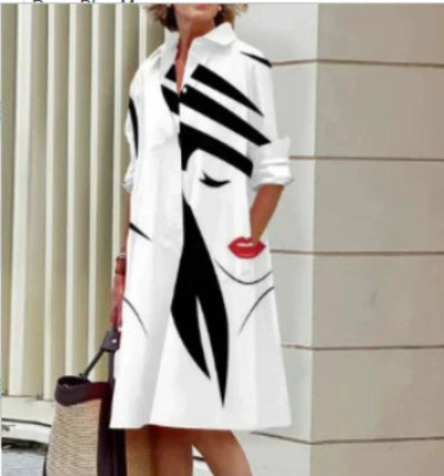 Damen Freizeit Hemdblusenkleid mit Polo-Kragen – Elegantes, lockeres Midikleid für Alltag und Büro