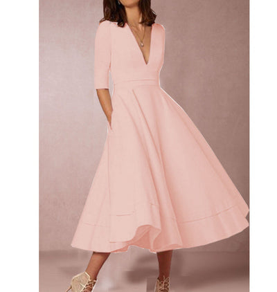 Elegantes Damen-Midikleid – A-Linie, V-Ausschnitt, Halbarmlänge
