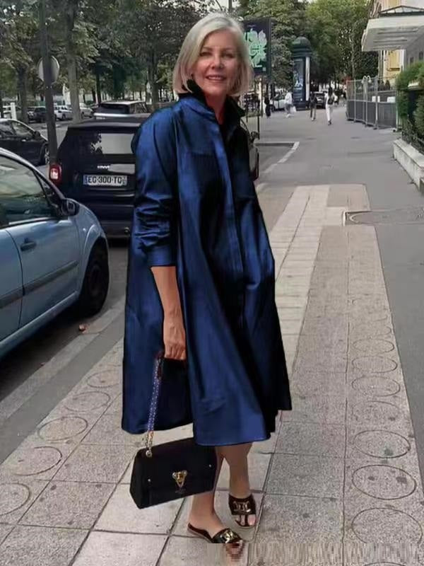 Damen Freizeit Hemdblusenkleid mit Polo-Kragen – Elegantes, lockeres Midikleid für Alltag und Büro