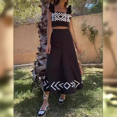 Joan – Geometrisch bedrucktes hoch tailliertes Trägerkleid mit fliegenden Ärmeln im Zweiteiler-Set