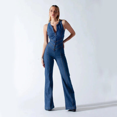 Sue – Slim Fit Denim Jumpsuit mit herzförmigem Rückenausschnitt