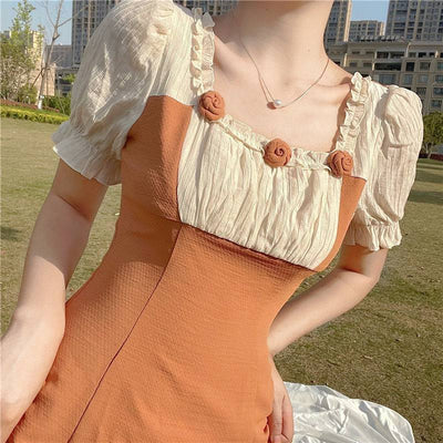 Samantha – Vintage Blumen Midi-Kleid mit Quadratkragen und Puffärmeln