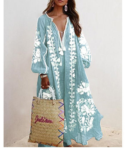 Ruth – Weit geschnittenes Midi-Kleid mit V-Ausschnitt und Druck