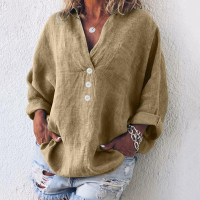 Damen Leinenbluse im Oversized-Look mit V-Ausschnitt und Knopfleiste – Luftiges Langarmshirt in großen Größen