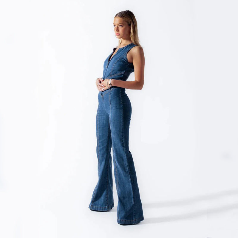 Sue – Slim Fit Denim Jumpsuit mit herzförmigem Rückenausschnitt