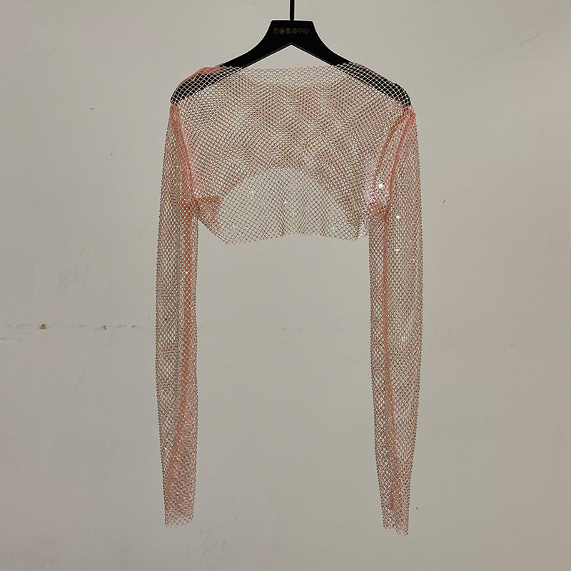 Brenda – Glitzernde langärmlige Netzbluse mit vollem Strassbesatz