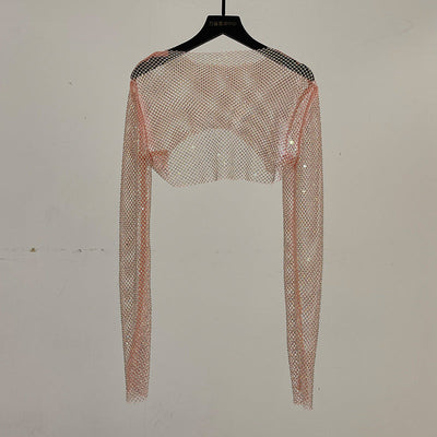 Brenda – Glitzernde langärmlige Netzbluse mit vollem Strassbesatz