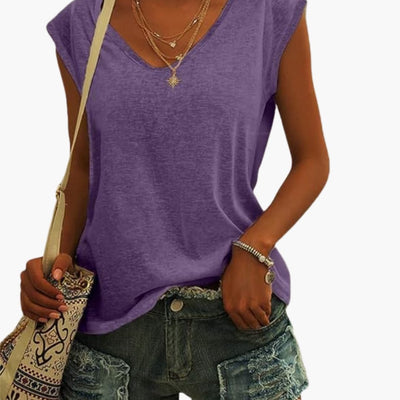 Damen V-Ausschnitt Top mit Cap-Ärmeln und Stretchmaterial