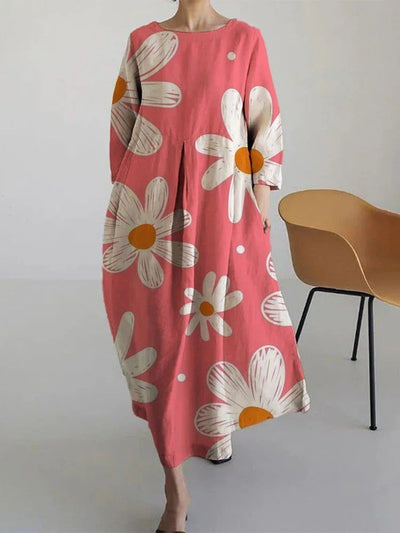 Damen Maxikleid Retro Kunststil mit Blumenmuster – Lockeres Sommerkleid für Alltag & Urlaub