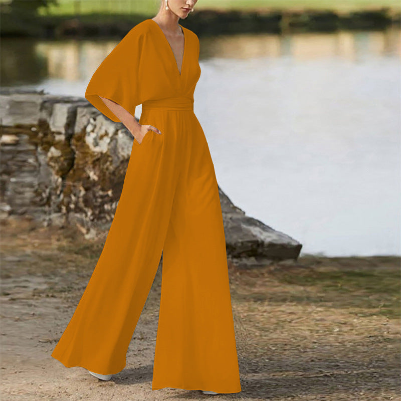 Eleganter Damen-Jumpsuit mit weitem Bein, V-Ausschnitt und halblangen Ärmeln