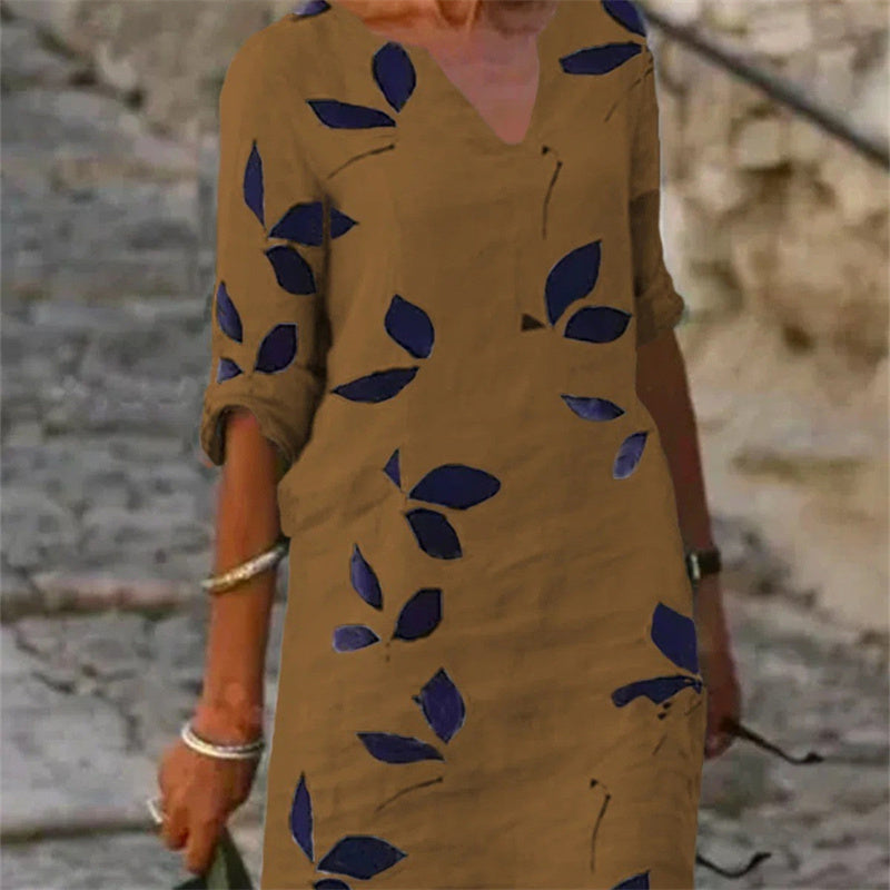 Damen Freizeitkleid mit Blattmuster – Modisches Sommerkleid für Alltag und Urlaub