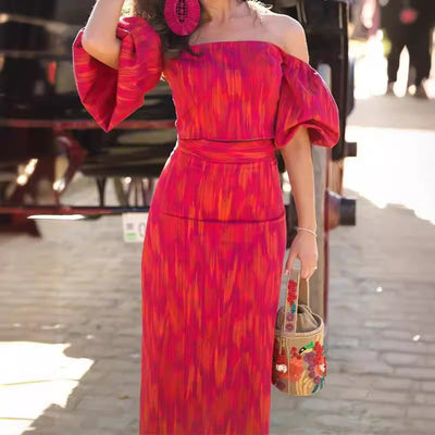 Shannon – Elegantes Bandeau-Ein-Schulter Puffärmel Top mit Midikleid-Set