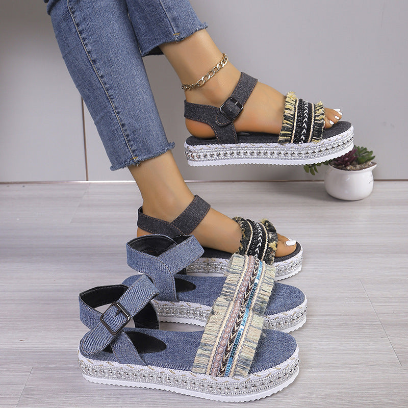 Robyn – Modische Fransen-Denim-Sandalen mit dicker Sohle und flachem Absatz im ethnischen Stil für Damen