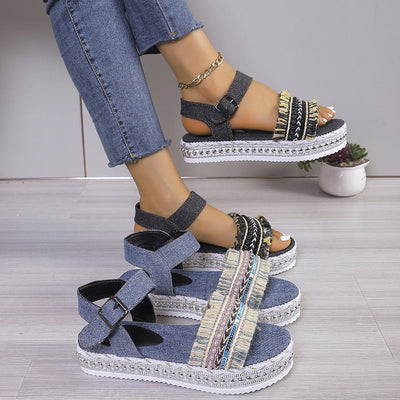 Robyn – Modische Fransen-Denim-Sandalen mit dicker Sohle und flachem Absatz im ethnischen Stil für Damen