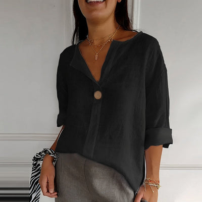 Damen Leinen-Bluse – Lockerer Schnitt, V-Ausschnitt, 3/4 Ärmel mit Knopf