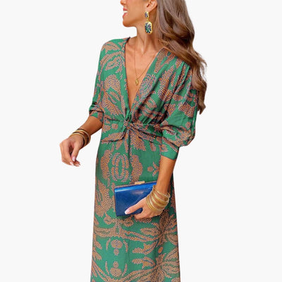 Midikleid für Damen - Blumenmuster, Langarm & V-Ausschnitt