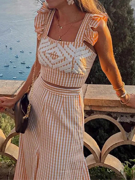 Joan – Geometrisch bedrucktes hoch tailliertes Trägerkleid mit fliegenden Ärmeln im Zweiteiler-Set