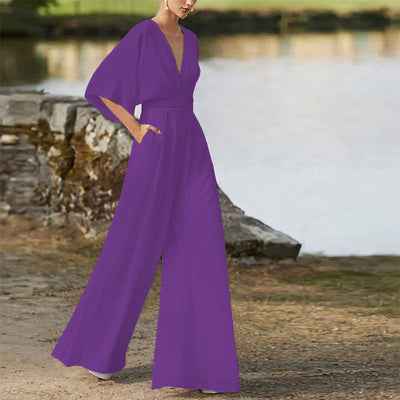 Eleganter Damen-Jumpsuit mit weitem Bein, V-Ausschnitt und halblangen Ärmeln