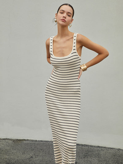 Elegantes Gestreiftes Strick-Maxikleid – Baumwollmischung, Apricot