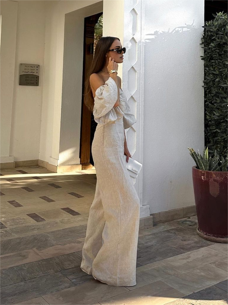 Atmungsaktiver Leinen-Mix Jumpsuit mit Puffärmeln – Elegante Damenmode