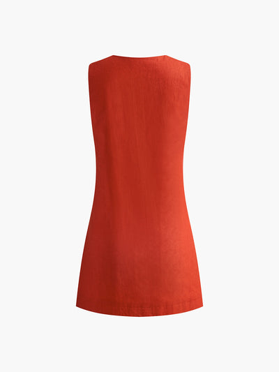 Ärmelloses Baumwoll-Leinen V-Ausschnitt Minikleid – Sommer Casual