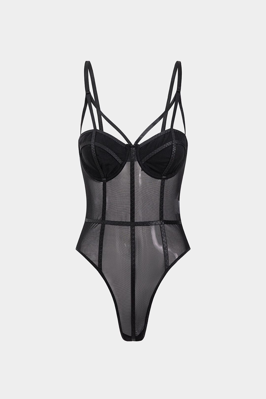 Daisy | Spaghettiträgern Schwarz Verführerischer Mesh-Body mit Bügel-Cups