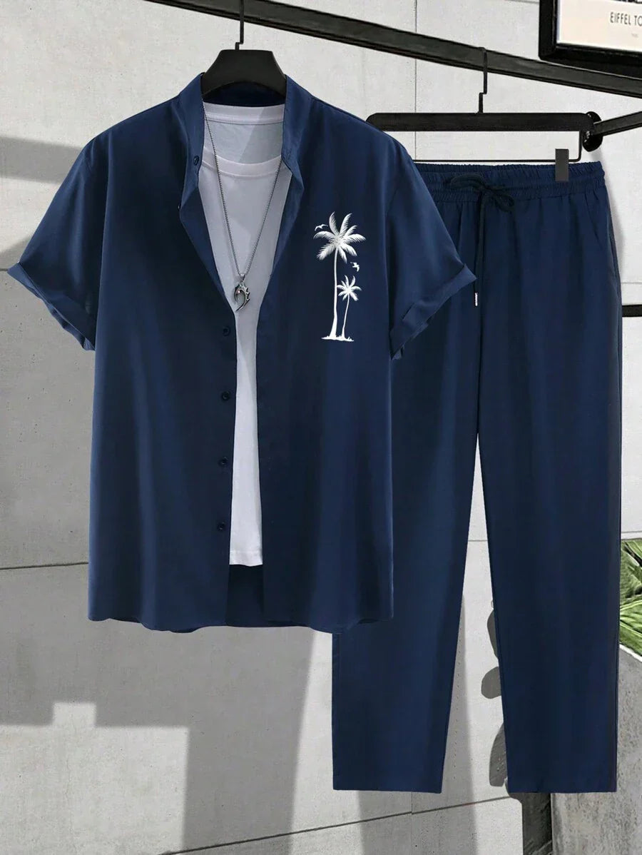 Herren Resort-Set mit Palmen-Stickerei | Hemd & Lange Hose