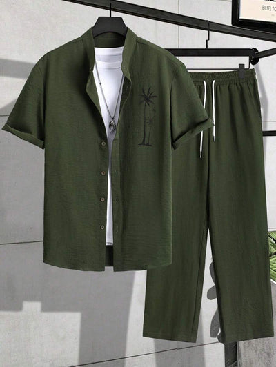 Herren Resort-Set mit Palmen-Stickerei | Hemd & Lange Hose
