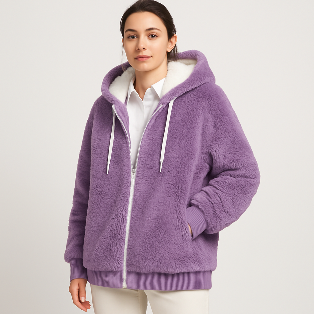 Leila | Lässiger Mantel mit Reißverschluss und Kapuze aus Kunstpelz