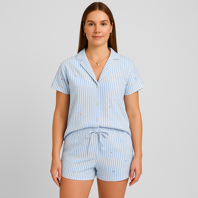 2-teiliges Damen-Pyjama-Set – Hemd zum Knöpfen und Shorts mit elastischer Taille