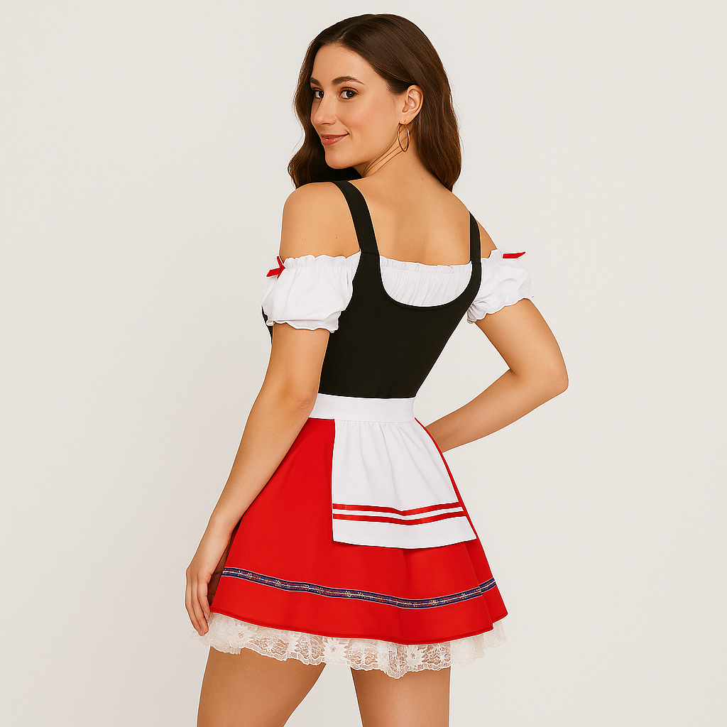 Oktoberfest Dirndl Damen – Elegantes Schwarz-Rotes Kleid mit Spitze & Rüschen