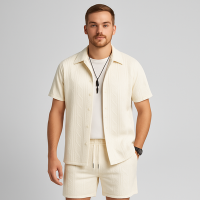 2-teiliges Jacquard-Strick-Set für Herren – Kurzarmhemd und Shorts in Unifarbe, Premium-Freizeitoutfit
