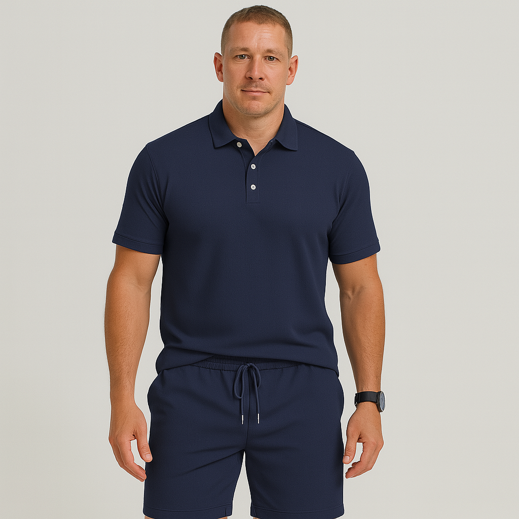 Herren Sommer Casual Set – Leichtes Oberteil mit Golfkragen und einfarbige Shorts mit Taschen