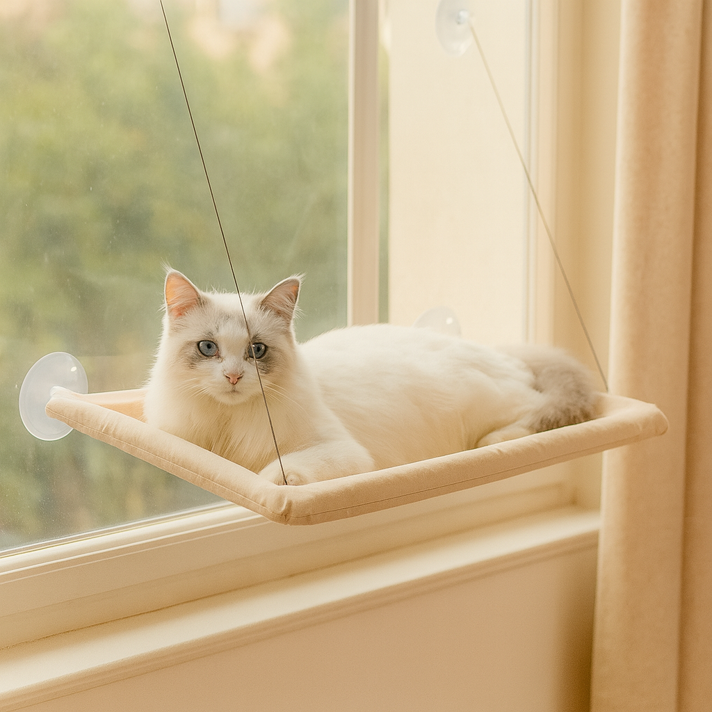Gemütliche Katzenhängematte mit Fensterbefestigung