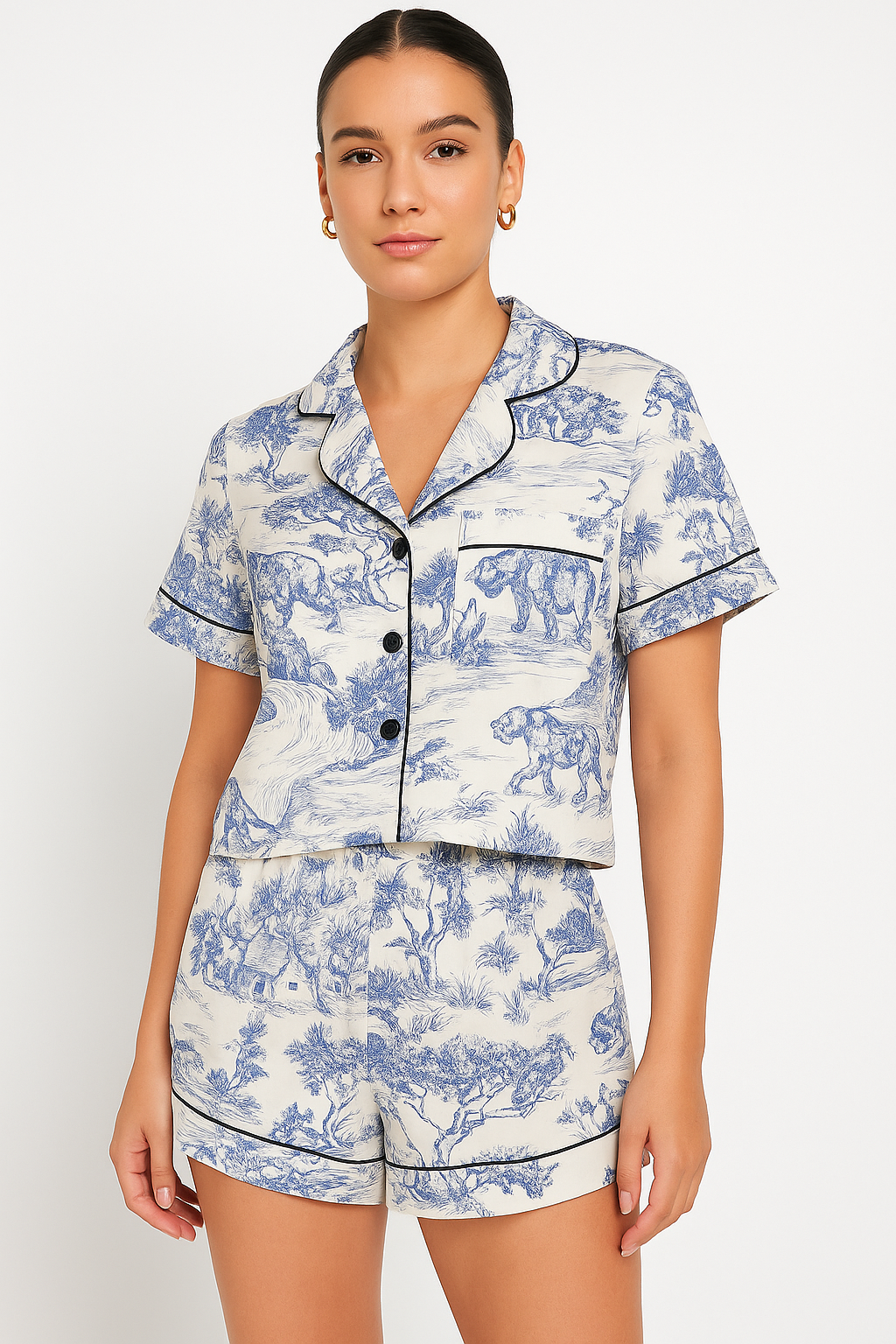 Damen Shorts Set mit Print und Kontrastbesatz – Sommer Co-ord