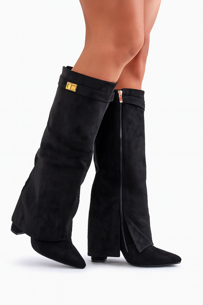 Kniehohe Damenstiefel mit Blockabsatz & Klappe – Veganleder & Wildleder