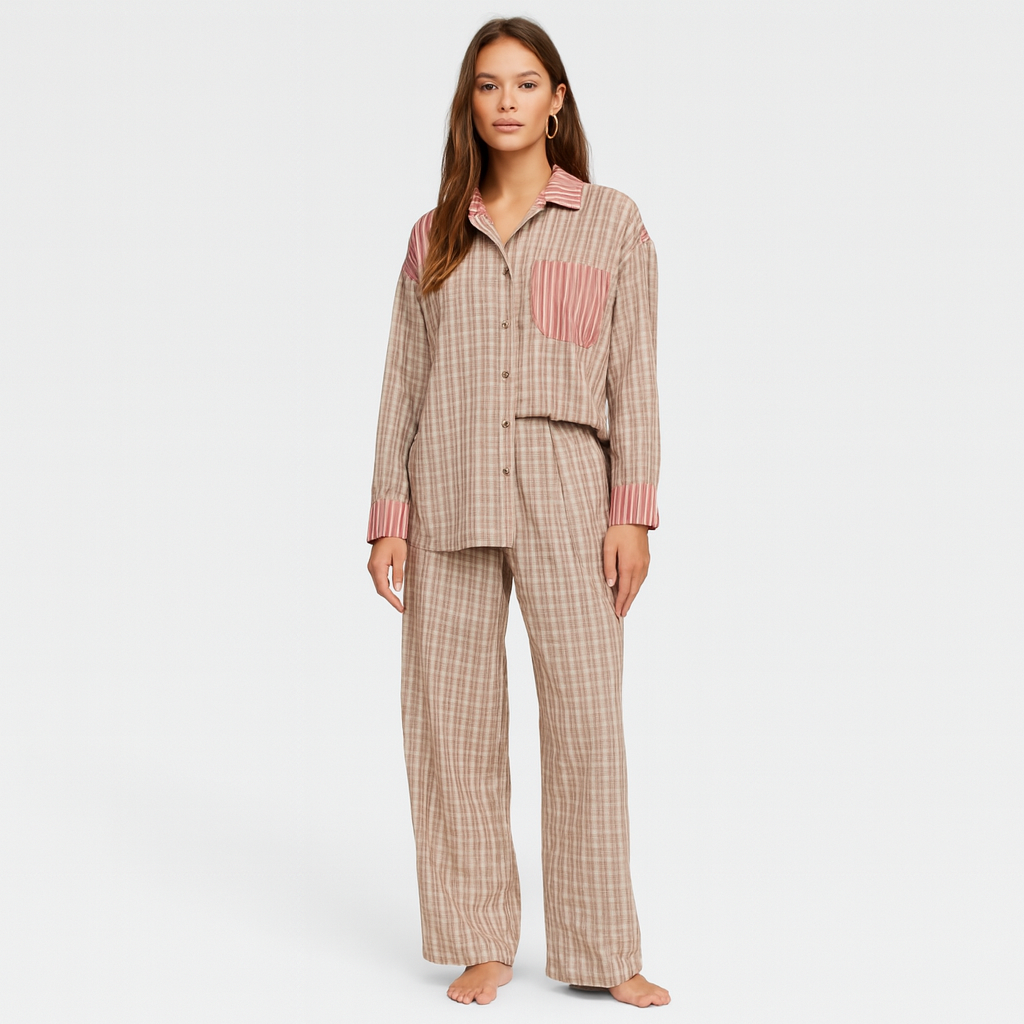 Marcelline | Set aus kariertem Langarmhemd und Hose mit weitem Bein