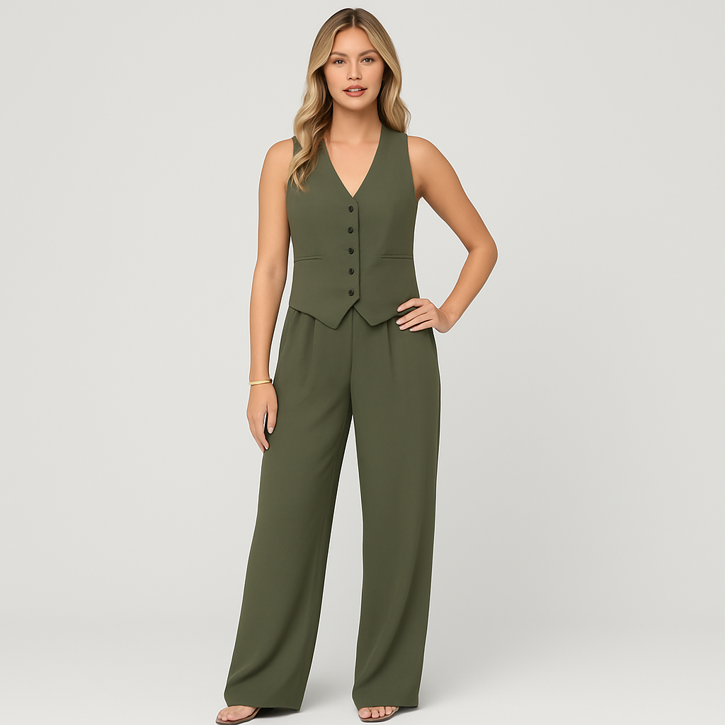 Elegantes 2-teiliges Set für Damen – Ärmelloses Top mit V-Ausschnitt und passende einfarbige Hose