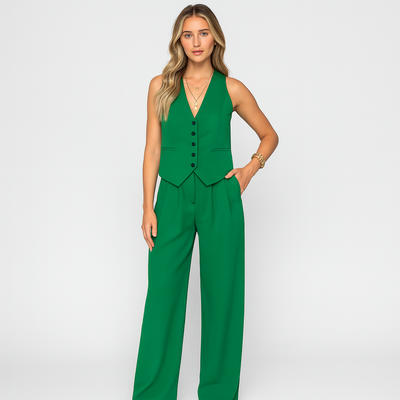 Elegantes 2-teiliges Set für Damen – Ärmelloses Top mit V-Ausschnitt und passende einfarbige Hose