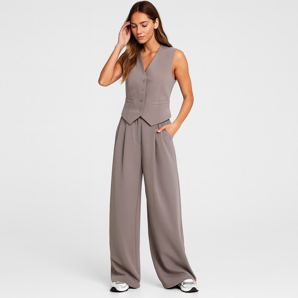 Elegantes 2-teiliges Set für Damen – Ärmelloses Top mit V-Ausschnitt und passende einfarbige Hose