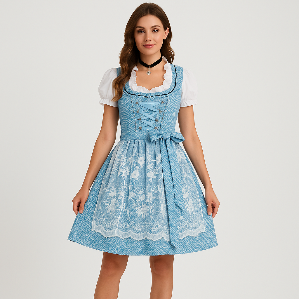 Elegantes Dirndl Damen – Blau-Weiß mit Punktmuster & Festlicher Schleife