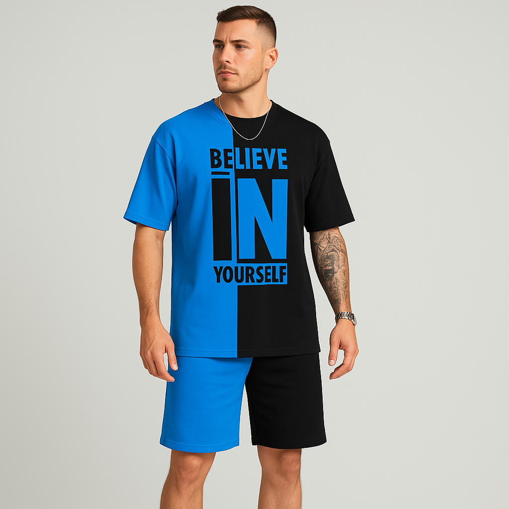 Herren-Motivationsset mit Farbblock-Print – „Glaub an dich selbst“ T-Shirt & passende Shorts