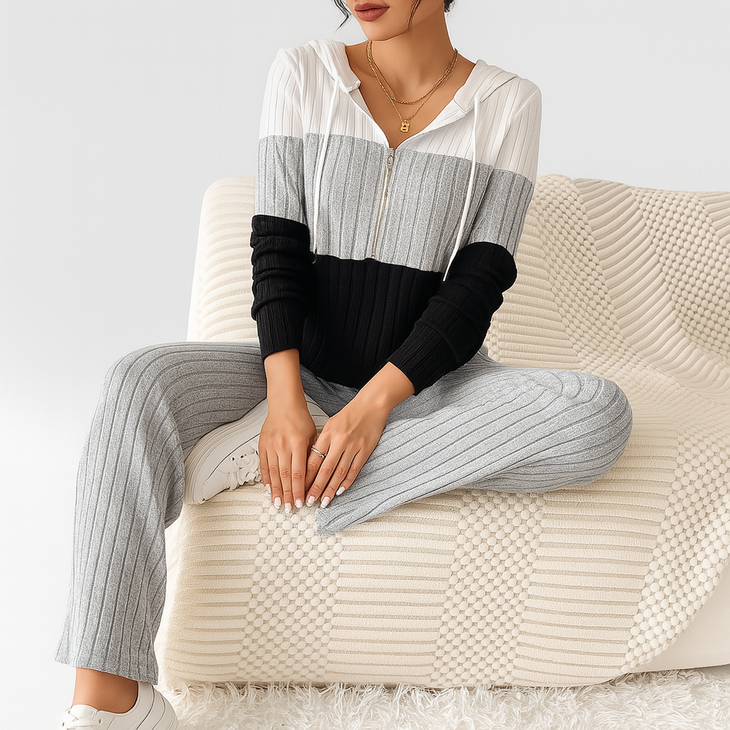 Damen Zweiteiler mit Reißverschluss – Gestreiftes Top & High-Waist Hose mit weitem Bein