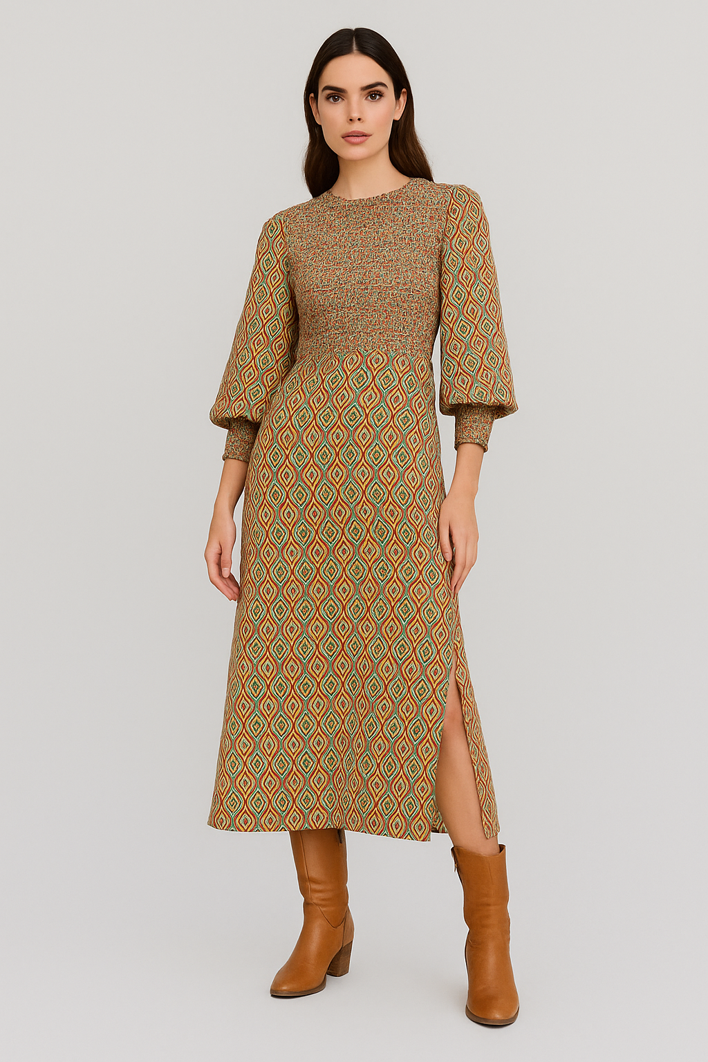 Elodie Casual lang bedrucktes Kleid mit Ballonärmeln