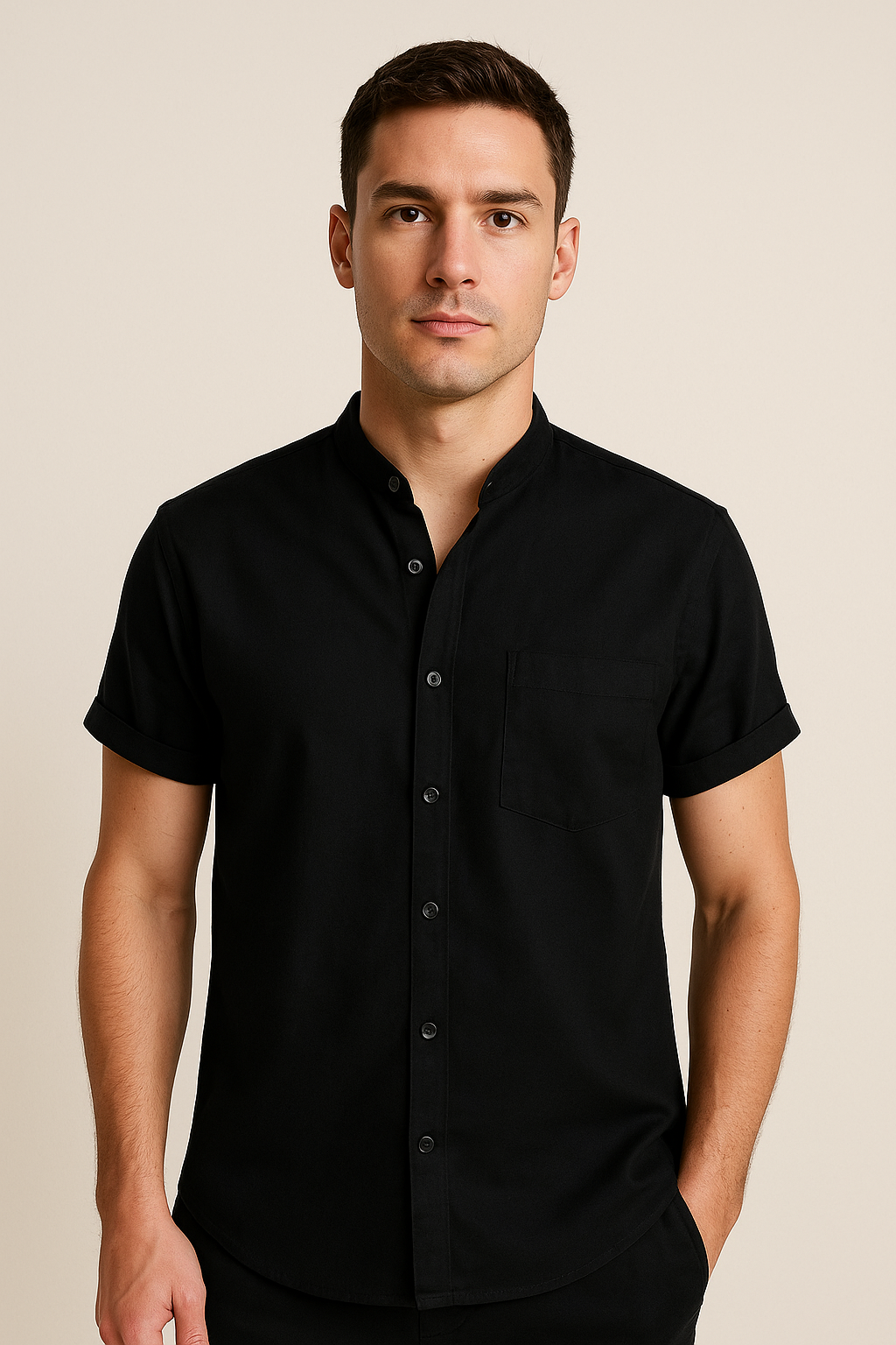James Kurzarmhemd mit Stehkragen und Brusttasche